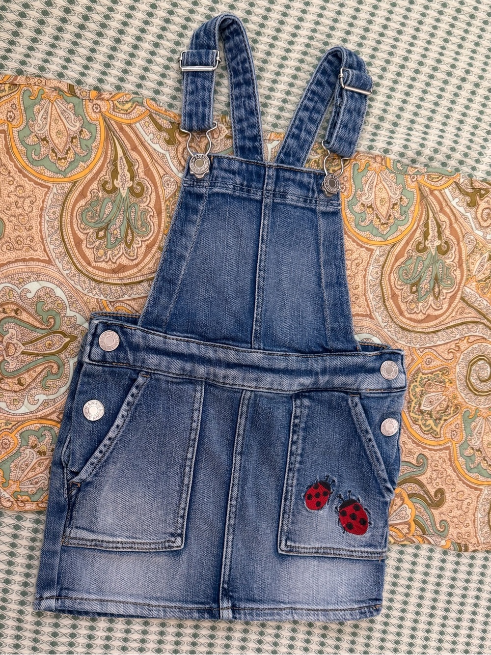 Y2K H&M Denim Ladybug Embroidered Overalls Skirt Toddler Girl Size 2t 3t